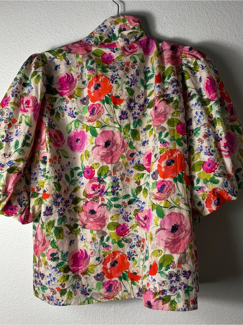 Zara Floral Tie-Neck Puff Sleeve Blouse in Pink, Green, Orange